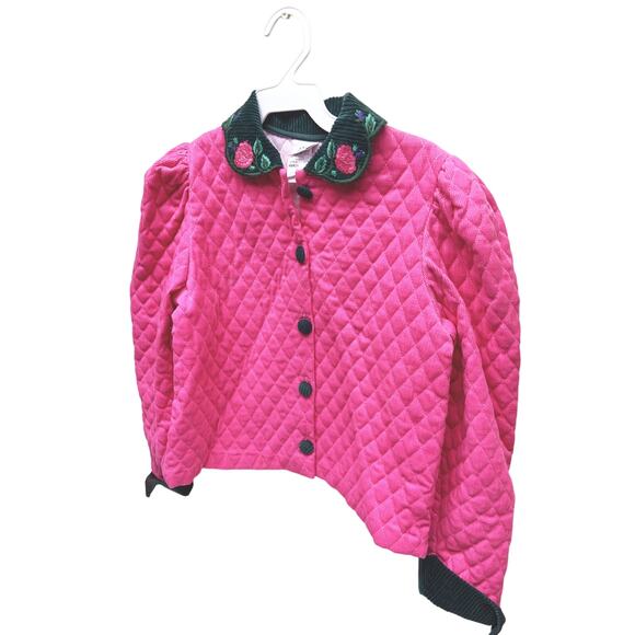 Vtg Hartstrings Pink Quilted Jacket 3 corduroy Trim Embroidered Roses Girls 14 - Picture 2 of 8